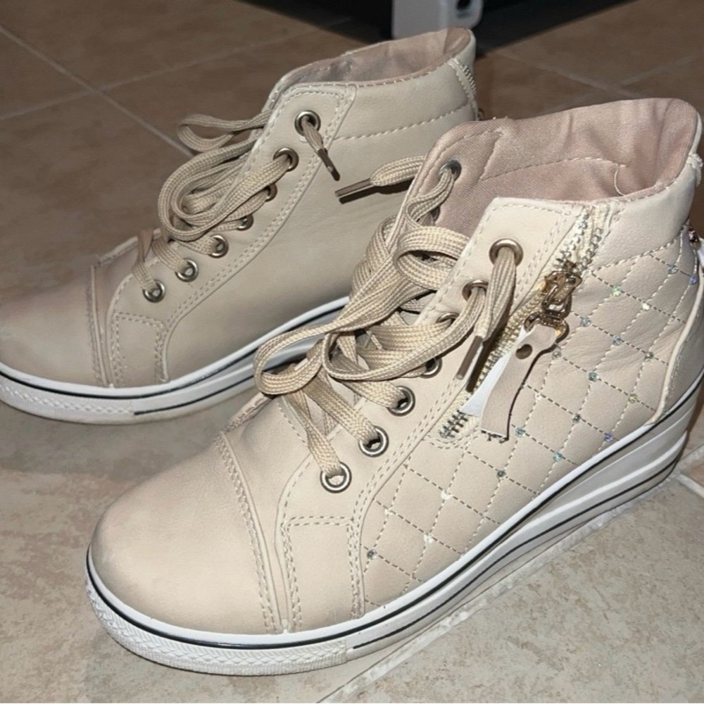 Beige Quilted High-Top Women's Sneakers- 8.5